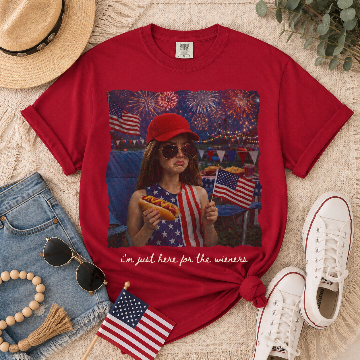 Patriotic Fourth of July T-Shirt – Woman with American Flags Design