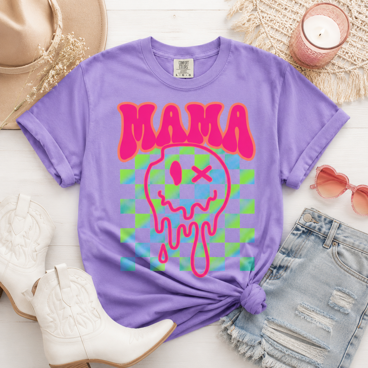 Drippy Skull Checkerboard T-Shirt — Neon Retro Graphic Tee