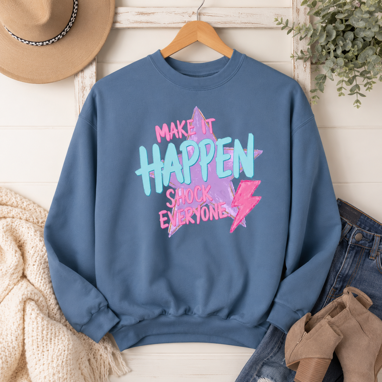 Make It Happen Sweatshirt — Retro Pastel Motivational Crewneck