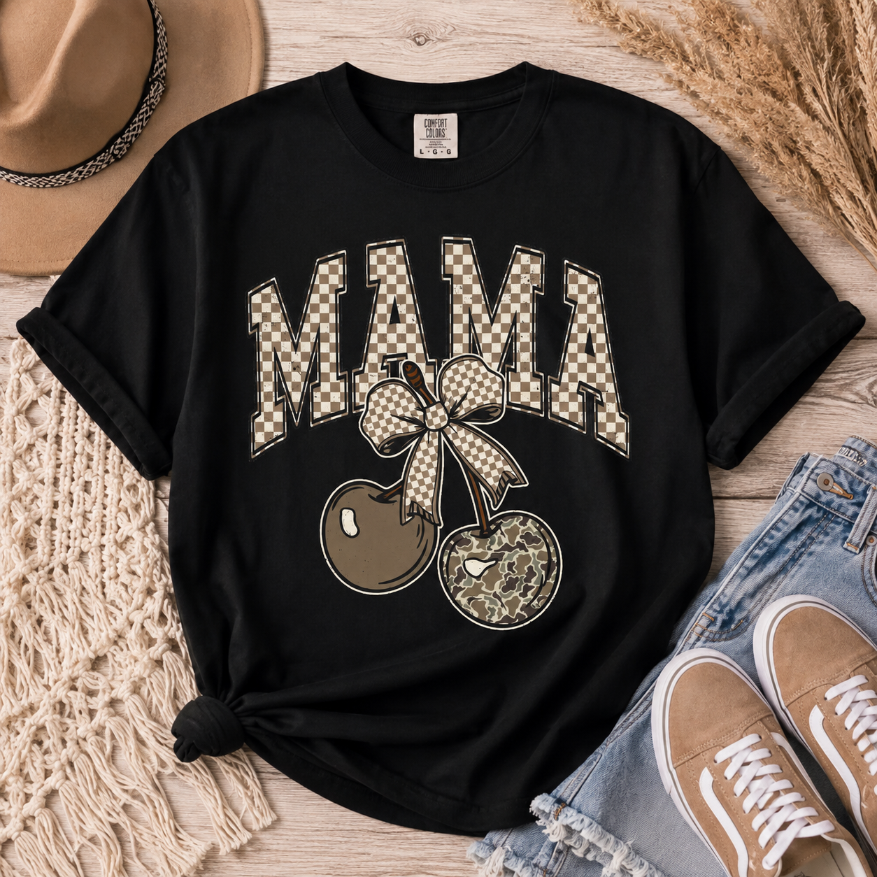Mama Cherry Graphic T-Shirt — Chic Plaid Bow Design