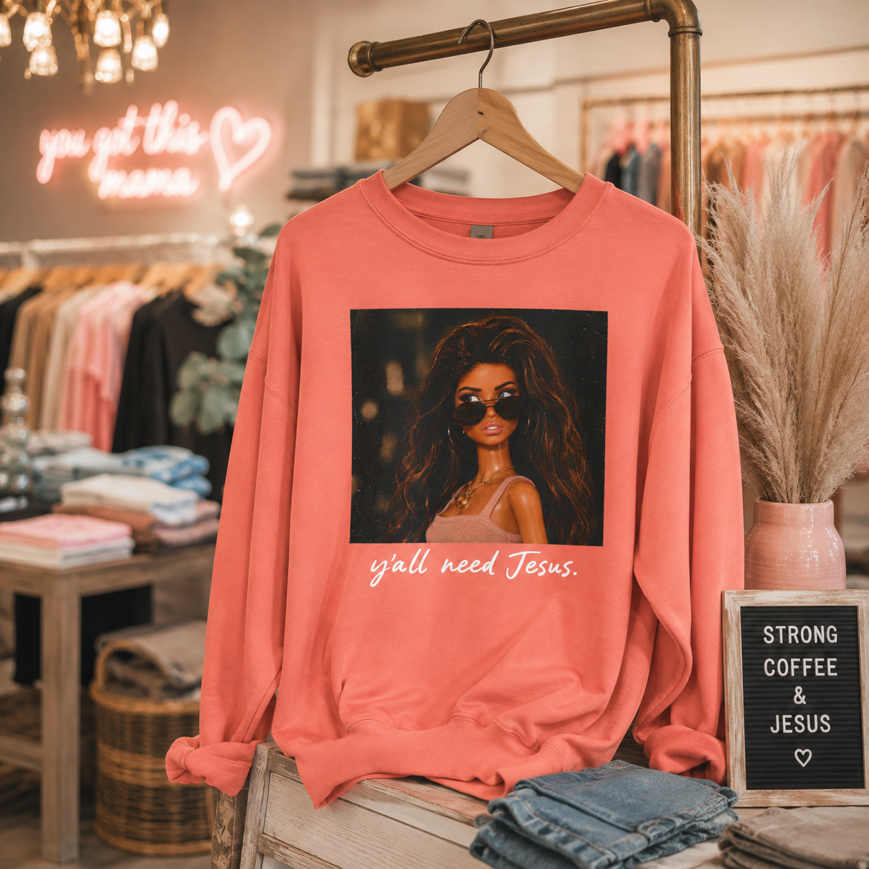 Sweatshirt — 'Y'all Need Jesus' Retro Doll Graphic