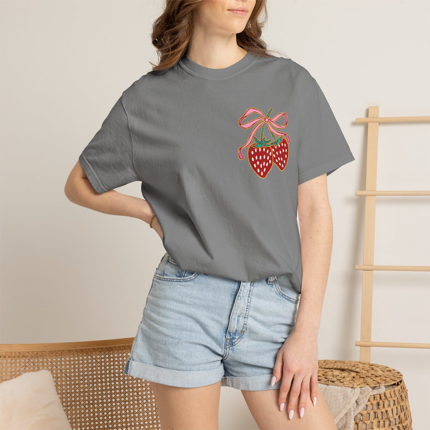 Strawberry Patch Graphic T-Shirt — Cute Ribbon & Flower Fruit Tee