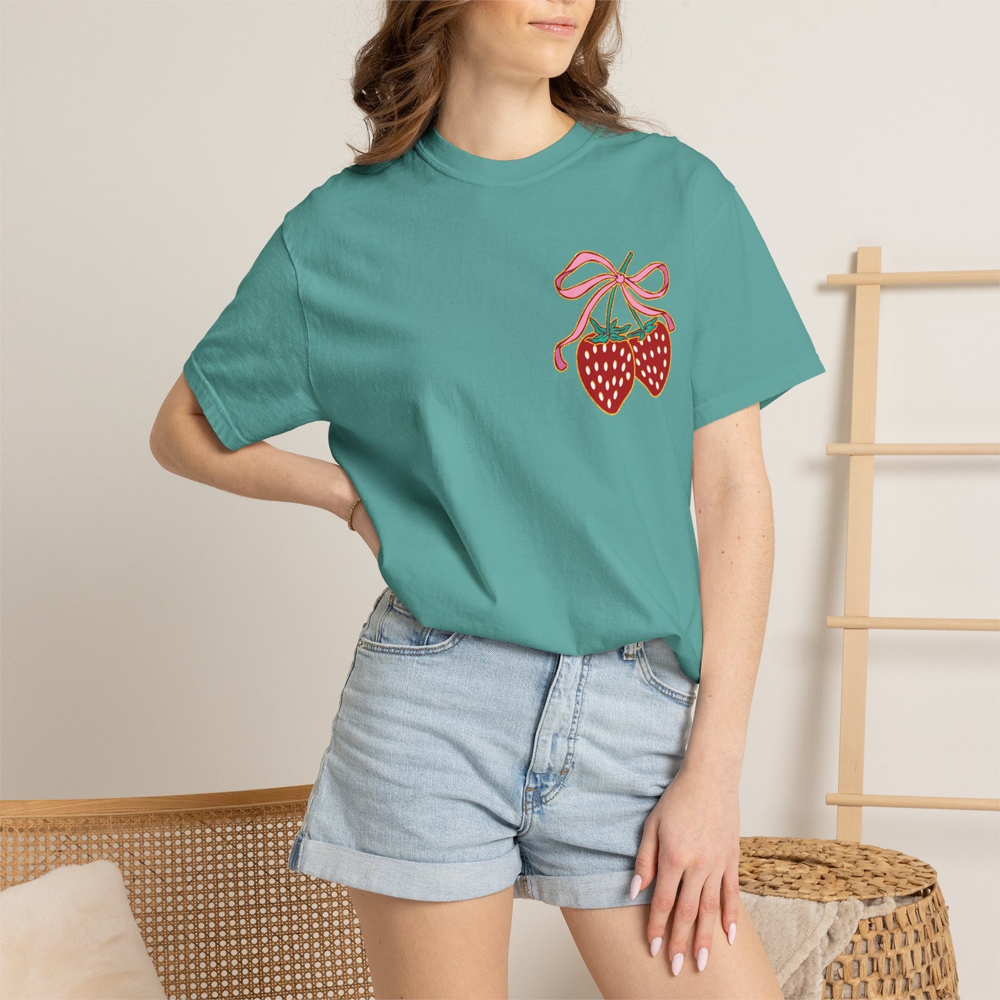 Strawberry Patch Graphic T-Shirt — Cute Ribbon & Flower Fruit Tee