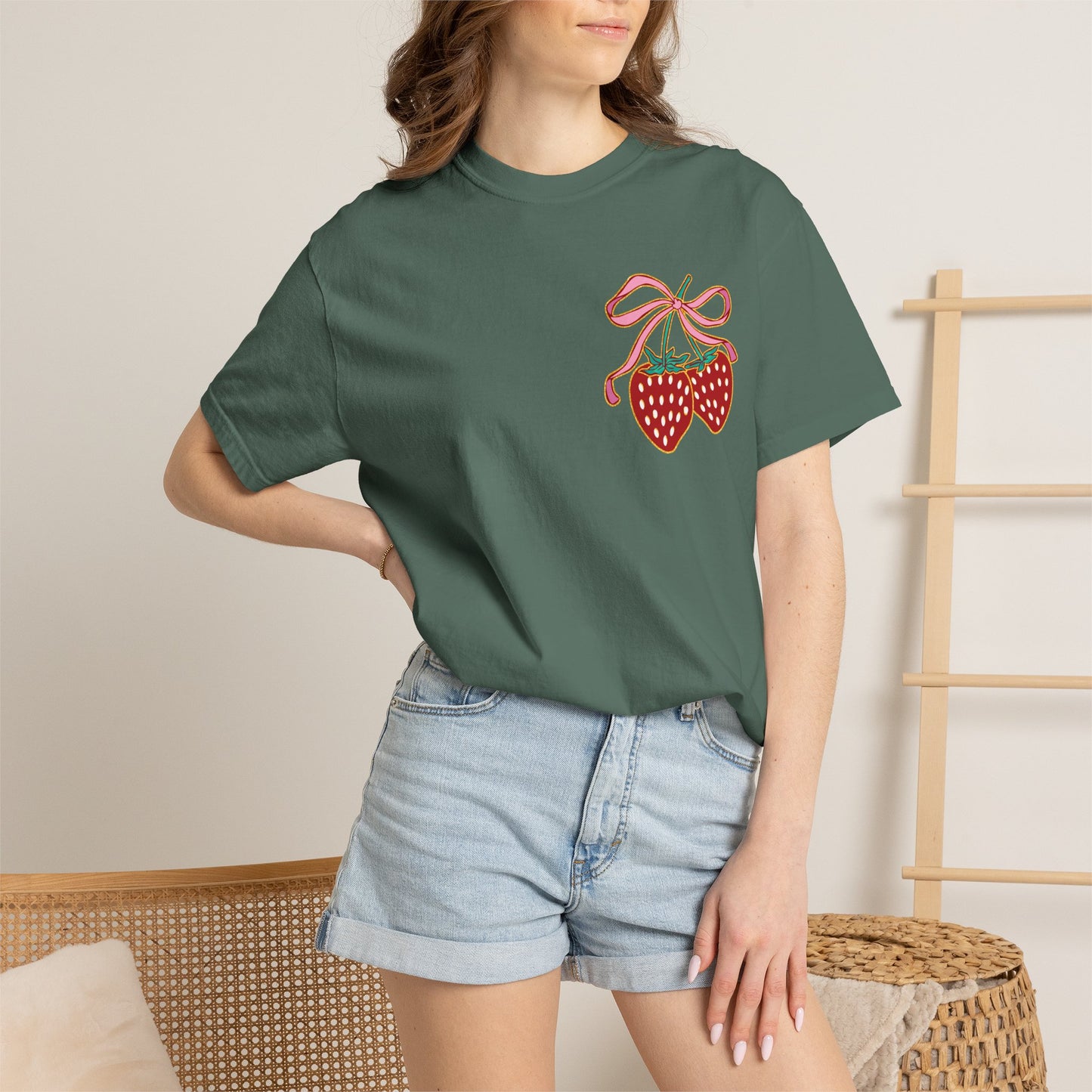Strawberry Patch Graphic T-Shirt — Cute Ribbon & Flower Fruit Tee