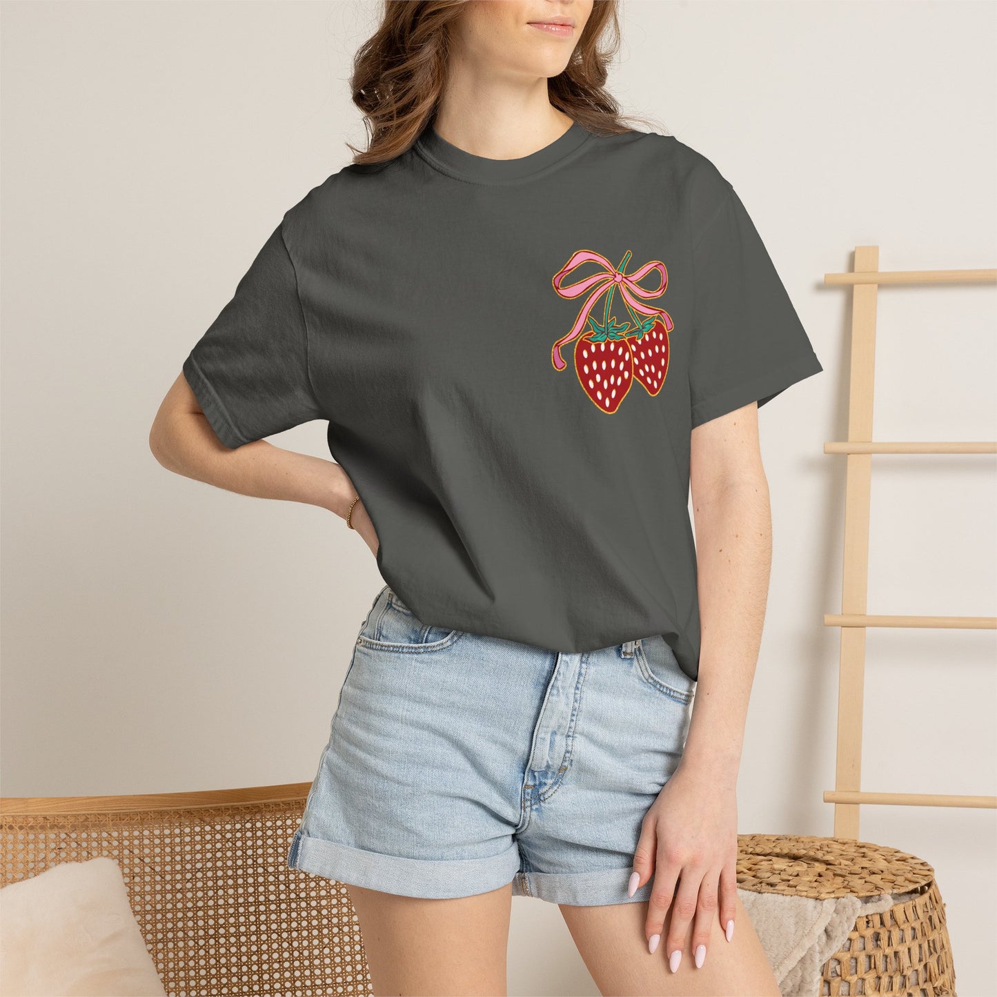 Strawberry Patch Graphic T-Shirt — Cute Ribbon & Flower Fruit Tee