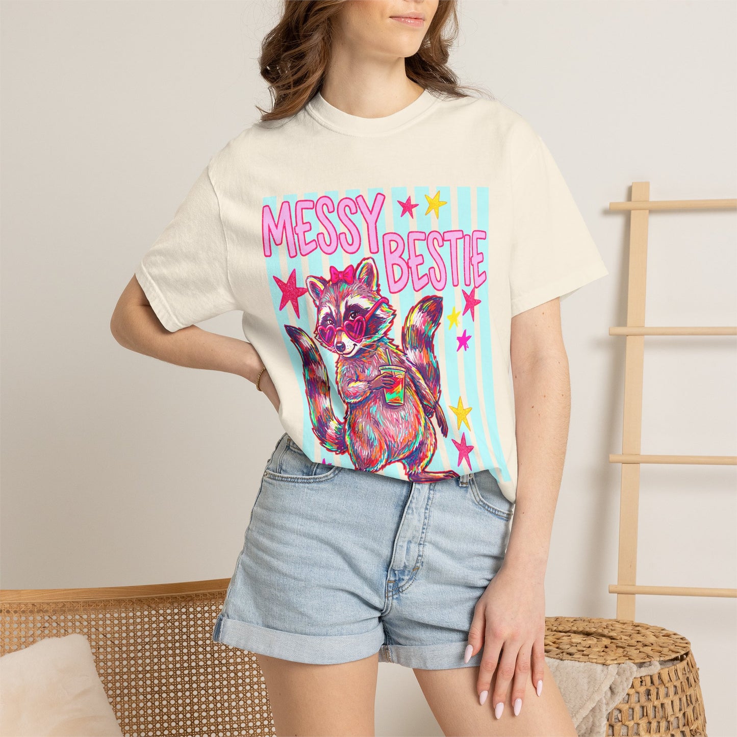 Messy Bestie Raccoon T-Shirt — Cute Colorful Graphic Tee for Friends & Gifts