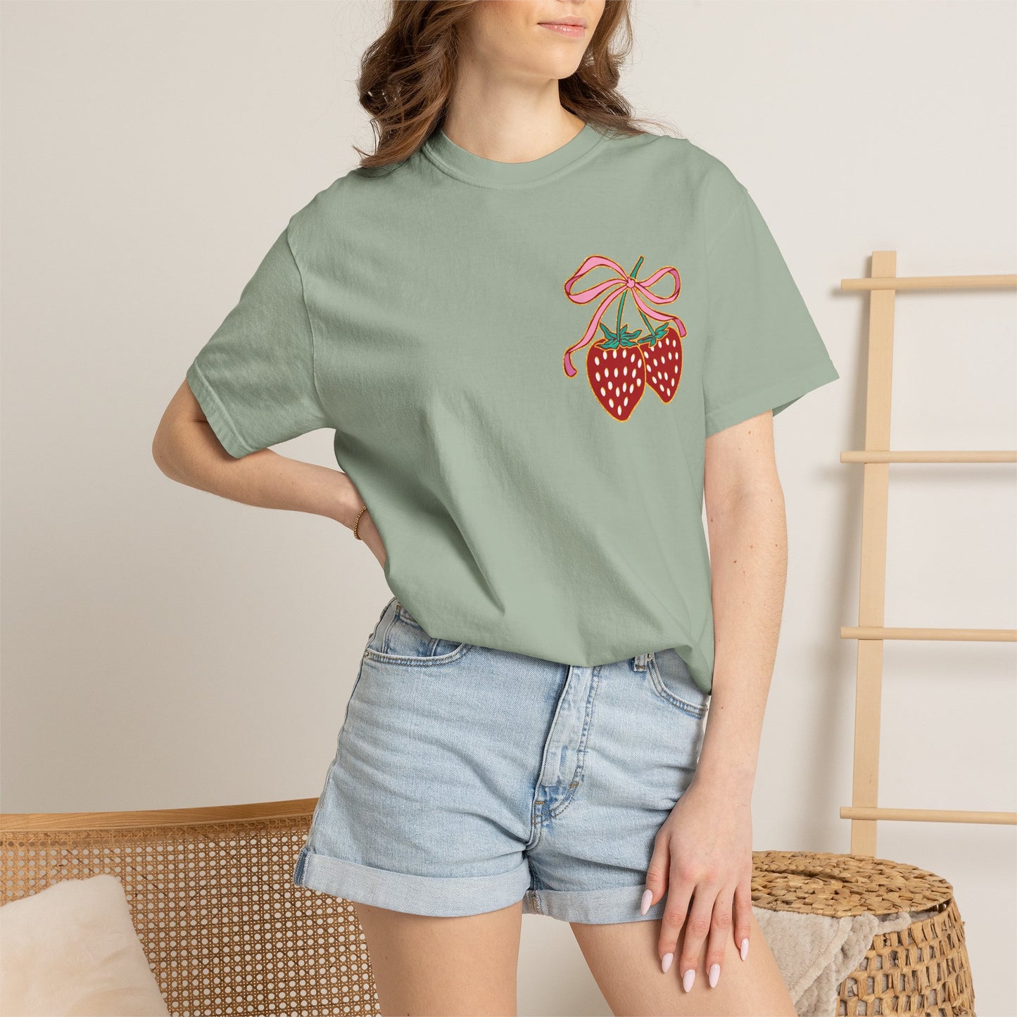 Strawberry Patch Graphic T-Shirt — Cute Ribbon & Flower Fruit Tee