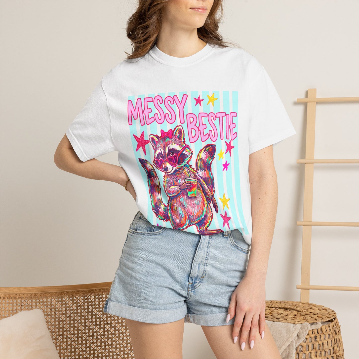 Messy Bestie Raccoon T-Shirt — Cute Colorful Graphic Tee for Friends & Gifts