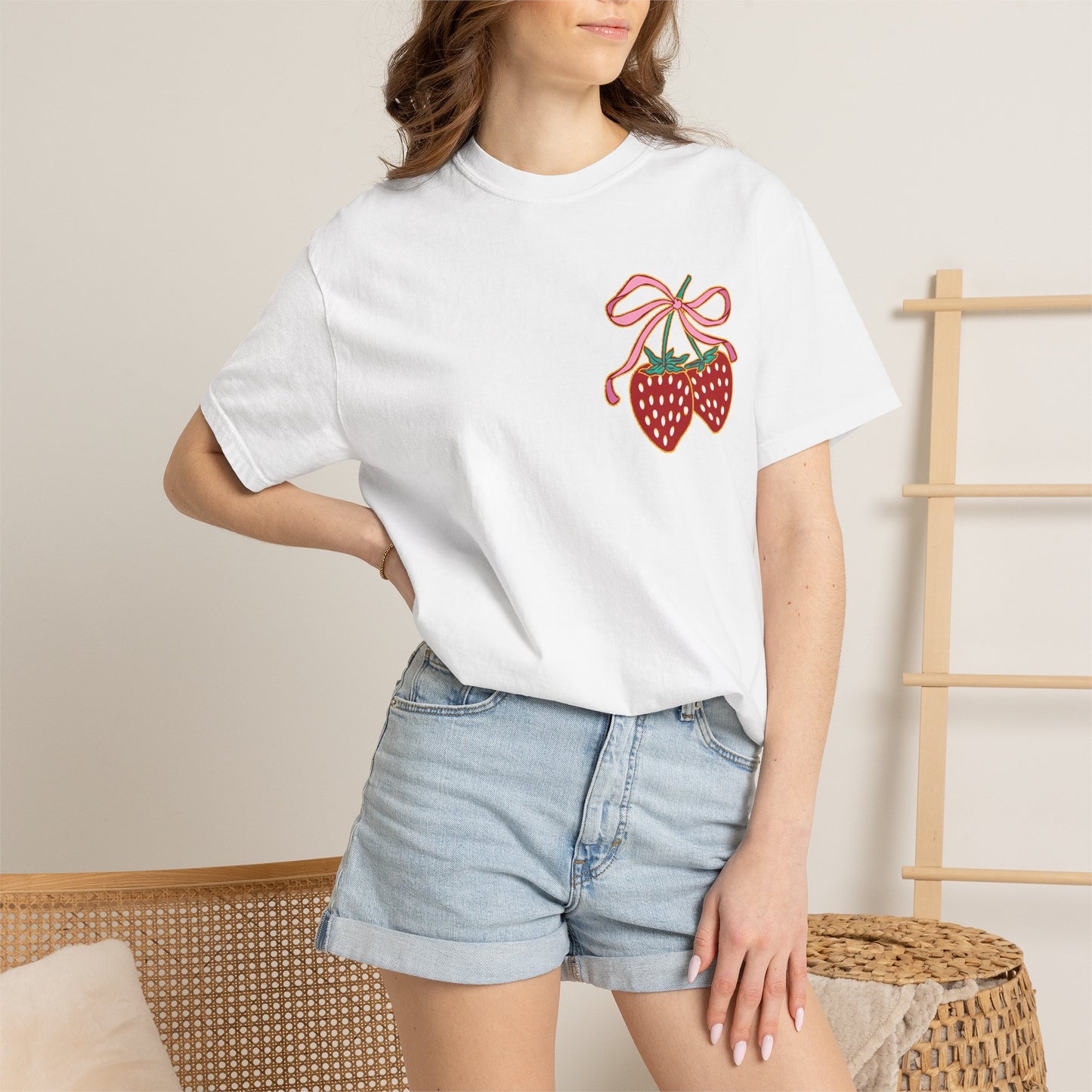 Strawberry Patch Graphic T-Shirt — Cute Ribbon & Flower Fruit Tee