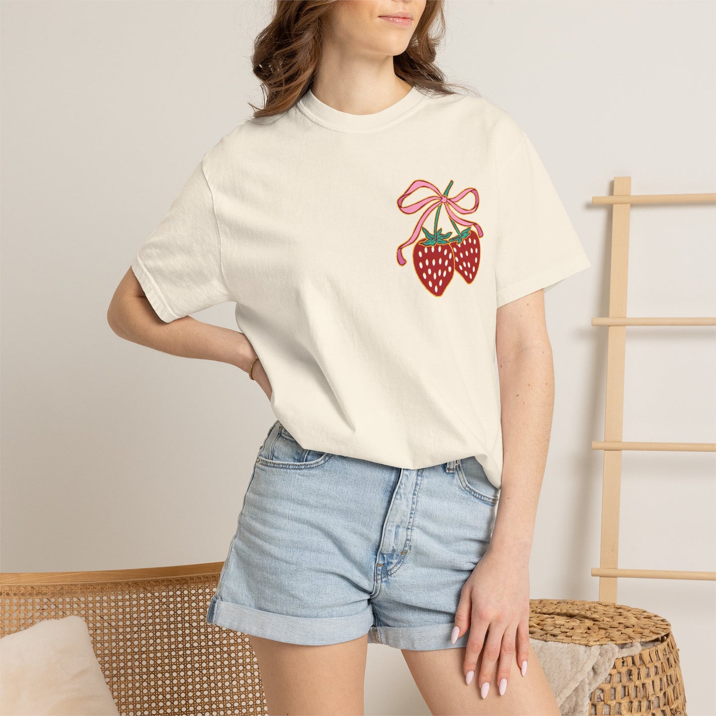 Strawberry Patch Graphic T-Shirt — Cute Ribbon & Flower Fruit Tee