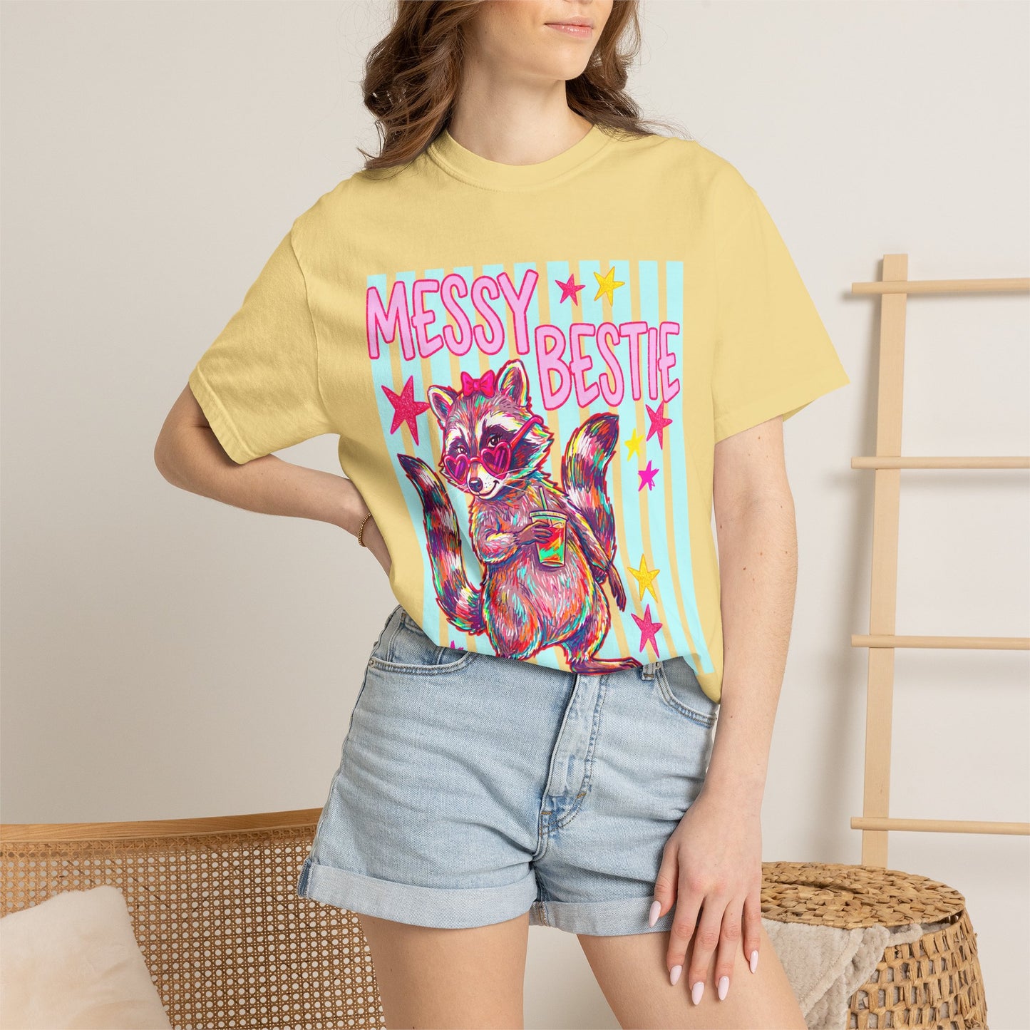 Messy Bestie Raccoon T-Shirt — Cute Colorful Graphic Tee for Friends & Gifts