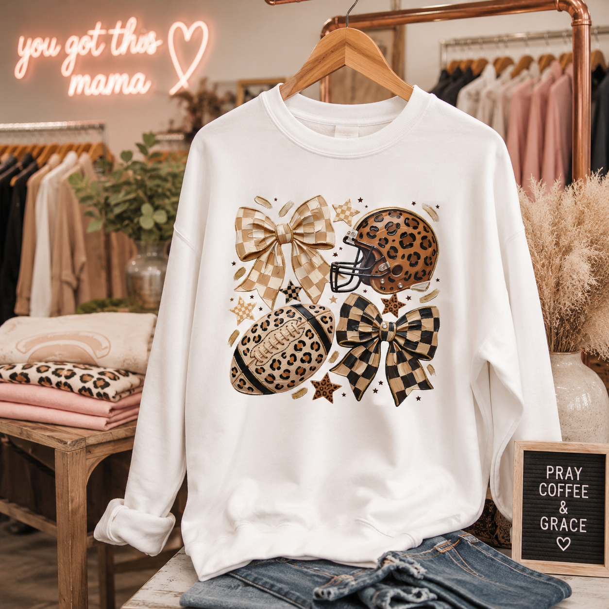 Leopard Football & Bows Sweatshirt — Animal Print Cheer Mom Top