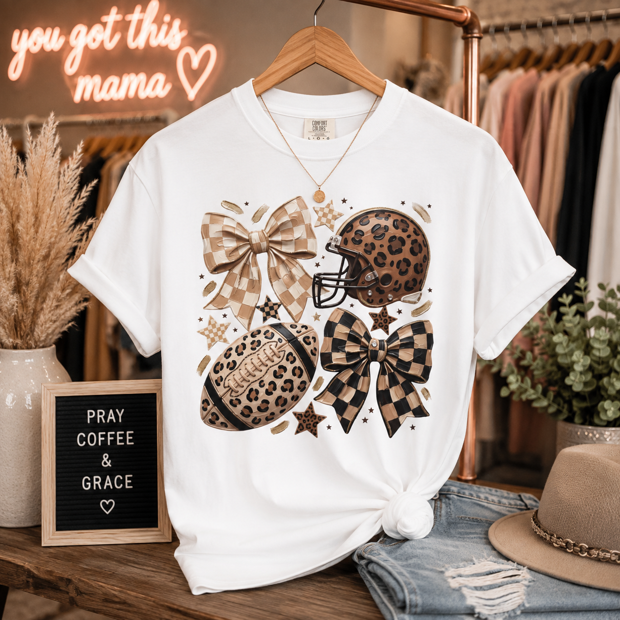Leopard Football & Cheer Bow T-Shirt — Game Day Animal Print Tee