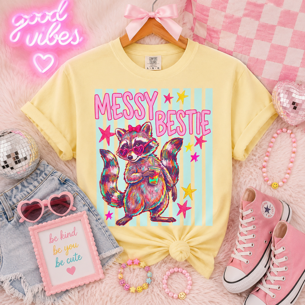Messy Bestie Raccoon T-Shirt — Cute Colorful Graphic Tee for Friends & Gifts