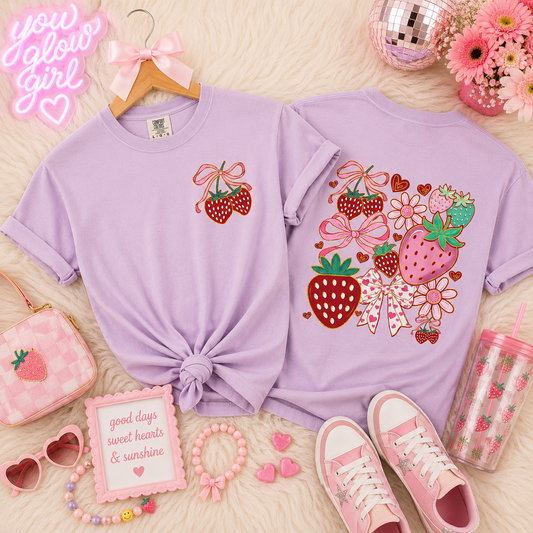 Strawberry Patch Graphic T-Shirt — Cute Ribbon & Flower Fruit Tee