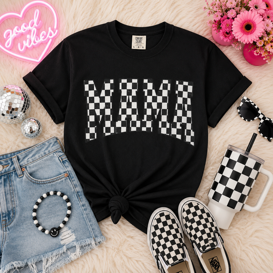 Mama Checkered Graphic Tee — Retro Black & White Mama T-Shirt